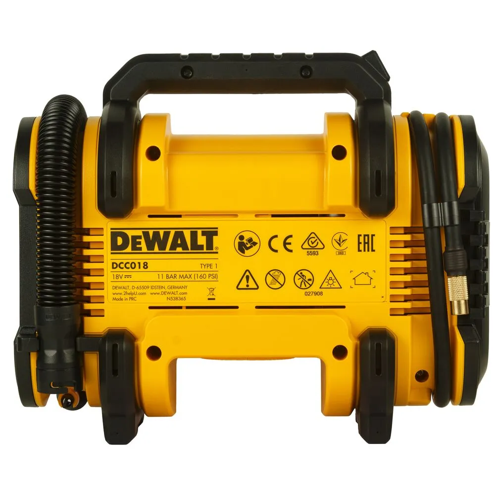 Pildil on näha DeWalt DCC018N akutoitel kompressor, millel on kollane ja must disain ning ülaosas käepide.