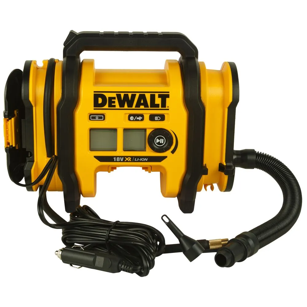 Pildil on DeWalt 18V XR Li-Ion akutoitel kompressor koos voolujuhtme ja lisatarvikutega.