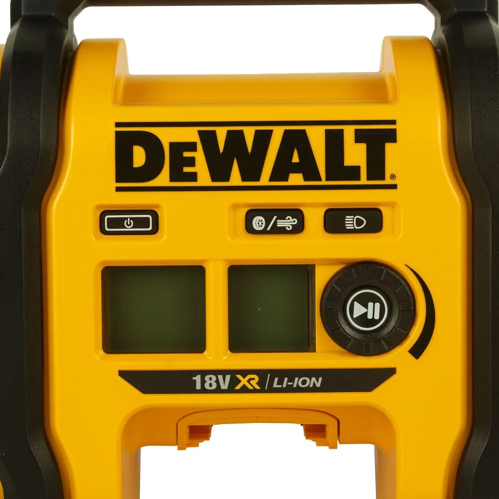 Pildil on DeWalt 18V XR Li-Ion akutoitel kompressor DCC018N, millel on kaks ekraani ja juhtpaneel.