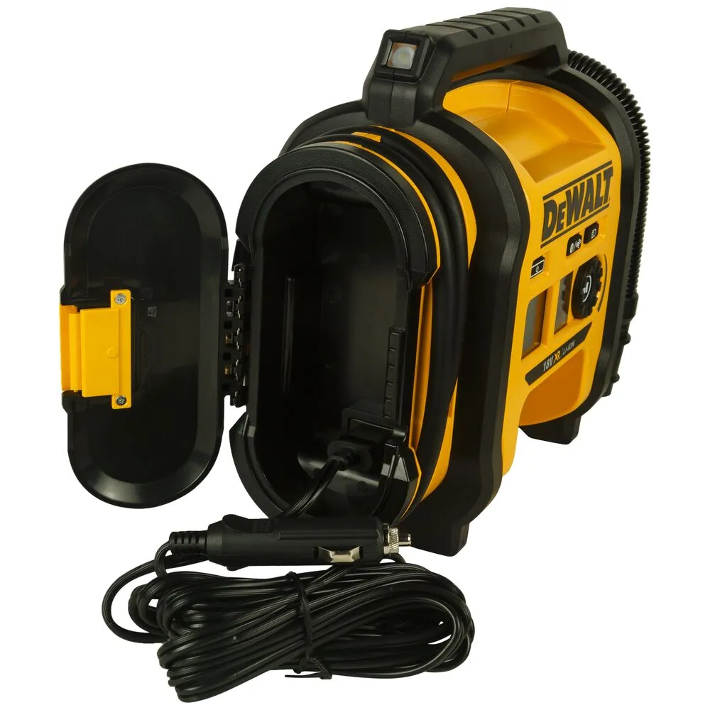 Pildil on kujutatud DeWalt 18V akutoitel kompressor DCC018N, mille avatud luugi alt paistab must tööriistakohver ja...