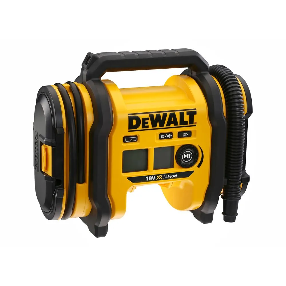 Pildil on näha kollane DeWalt akutoitel kompressor, millel on must käepide ja voolik.