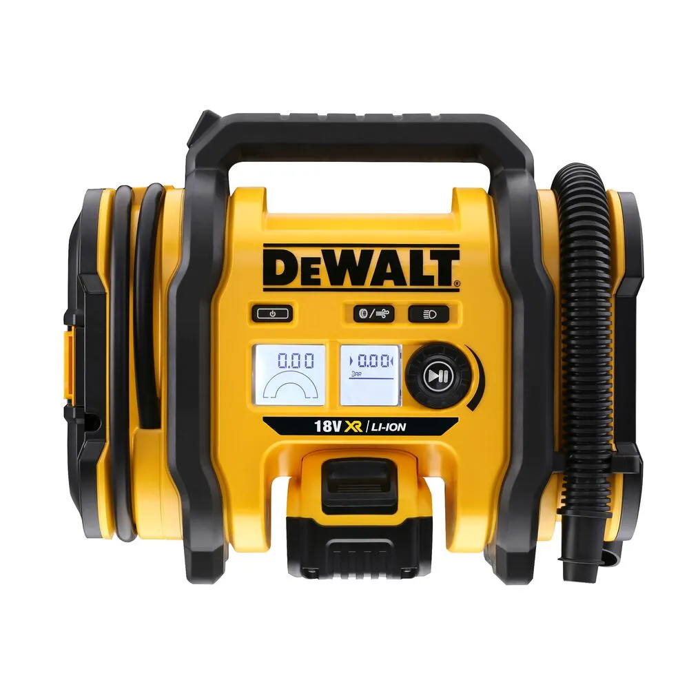 Pildil on DeWalt akutoitel kompressor DCC018N, millel on kahel digitaalsel ekraanil näha null seadistused ja nuppude...
