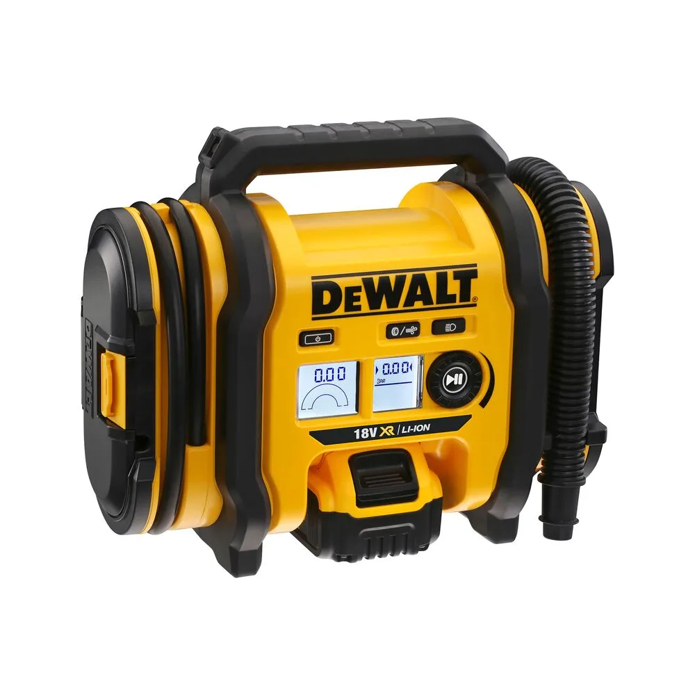 Pildil on näha kollane-must DeWalt akutoitel kompressor DCC018N, millel on digitaalne ekraan ja käepide.