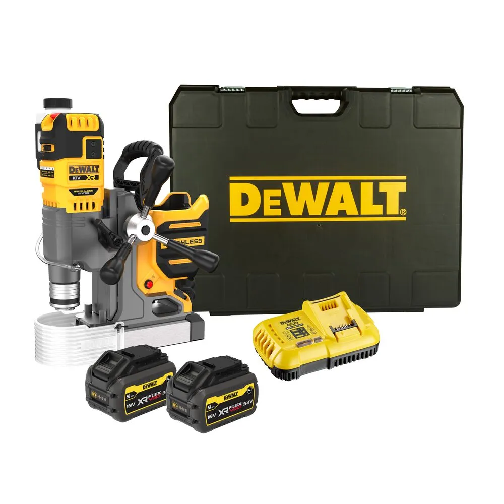 Pildil on näha DeWalt akutoitel magnetpuurpink DCD1623X2G-QW koos kahe akupakki, laadija ja hoiustuskohvriga.