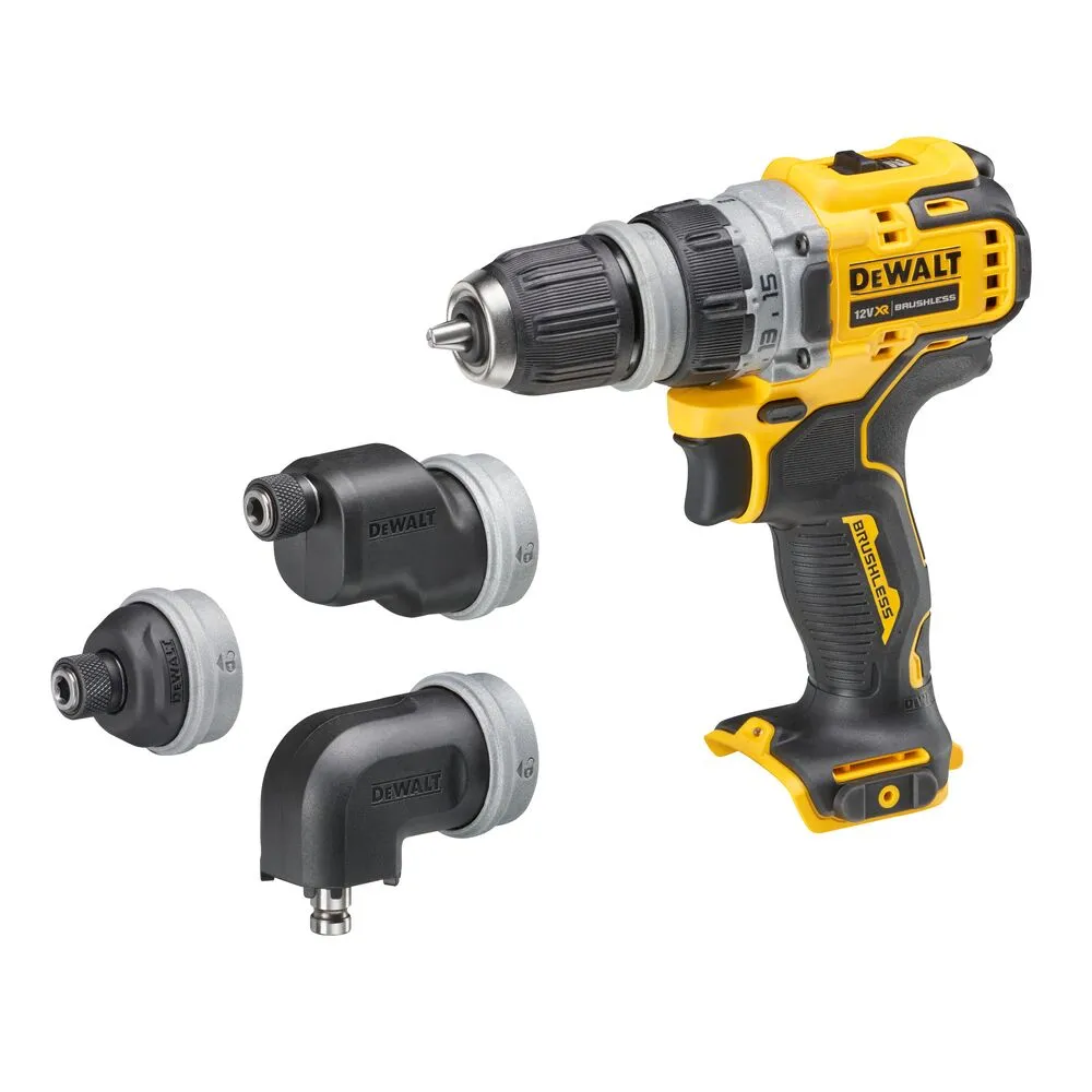 Pildil on DeWalt akutrell DCD703NT koos kolme erineva otsikuga, mis on näidatud eraldi eksemplaridena, ning toode müüakse...