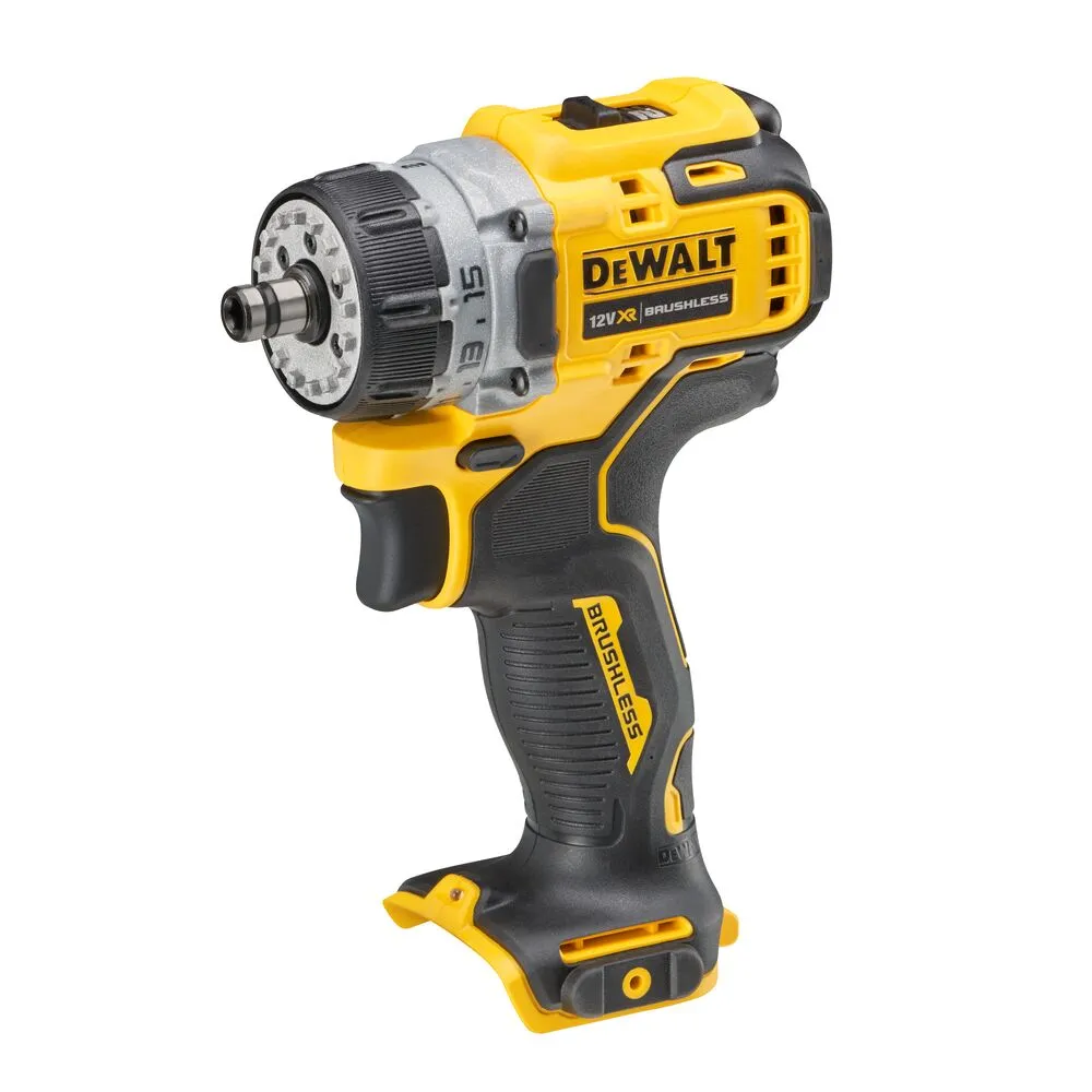 Pildil on näha kollane-must värvi kombinatsioonis DeWalt akutrell DCD703NT, ilma aku ja laadijata.