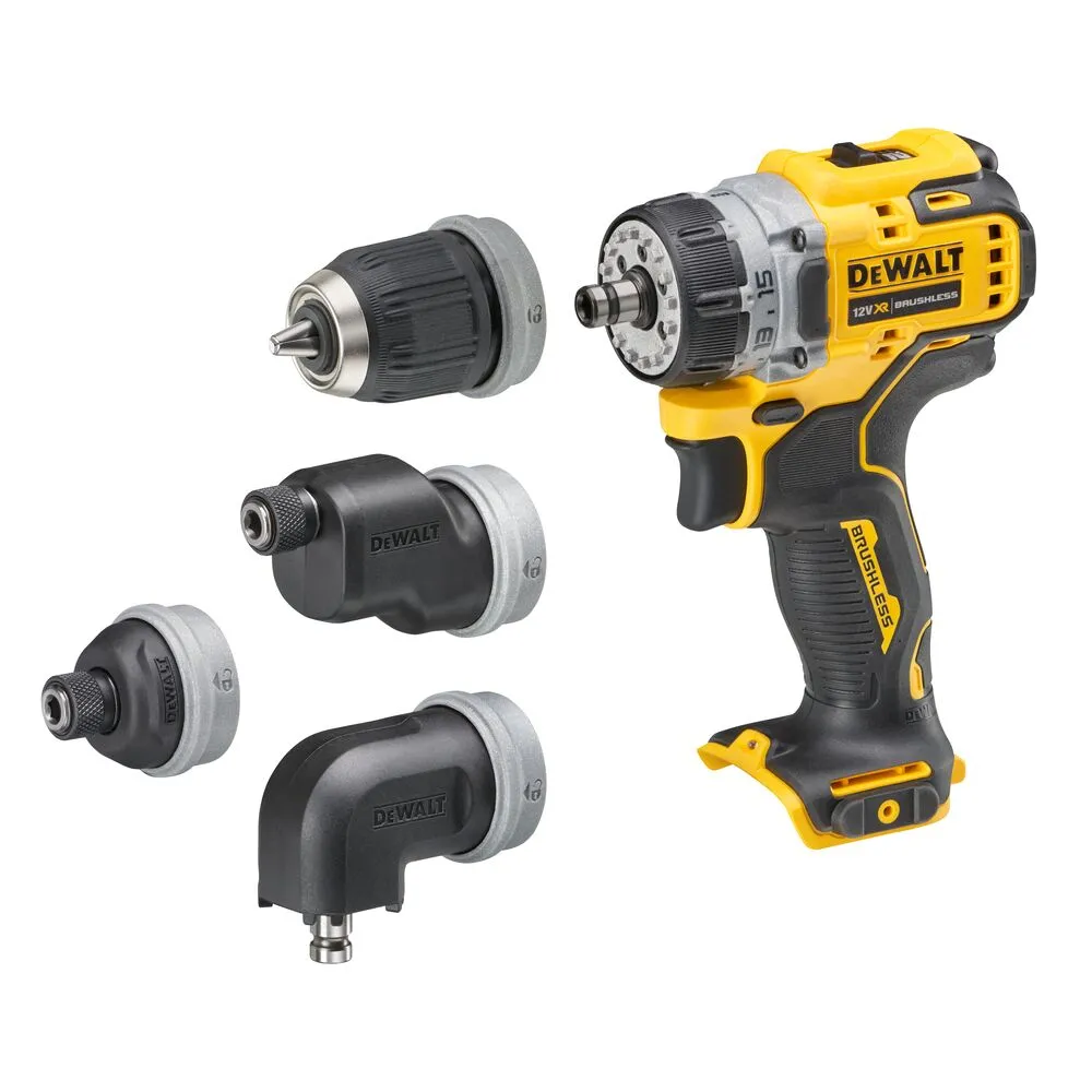 Pildil on näha DeWalt DCD703NT akutrell koos kolme erineva otsikuga, ilma aku ja laadijata.
