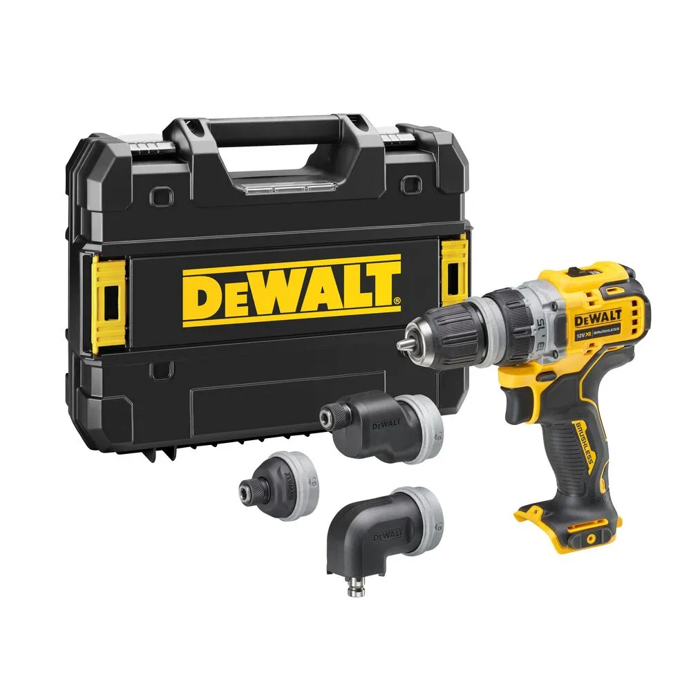 Pildil on näha DeWalt akutrelli DCD703NT komplekt koos tarvikutega ja hoiukohvriga.