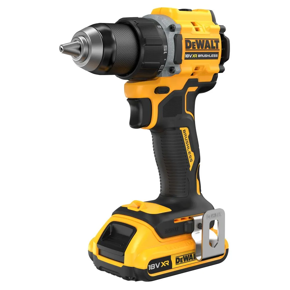 Pildil on näha DeWalt 18V XR harjadeta akutrell koos akuga.