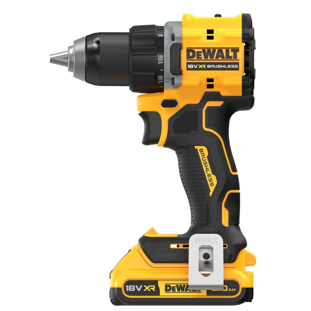 Pildil on kujutatud Dewalt 18V XR Brushless akutrell koos kahe 2 Ah akuga.
