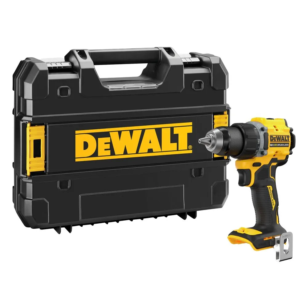 Pildil on näha must-kollane Dewalt 18V akulöökpuur koos TSTAK kohvri ja riidepuuga.