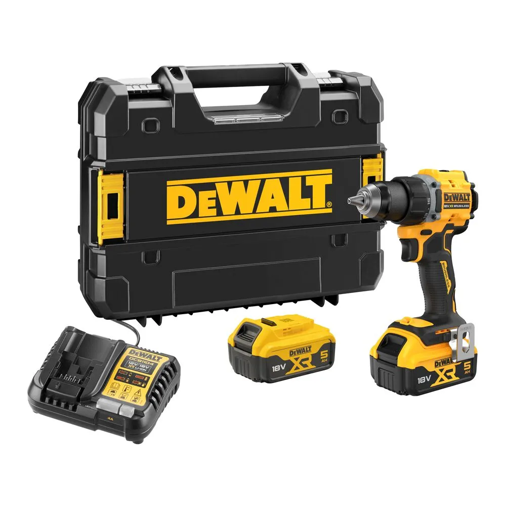 Pildil on näha DeWalt DCD794P2T akutrell koos tarvikute, nagu laadija ja akude, ning hoiukarbiga.