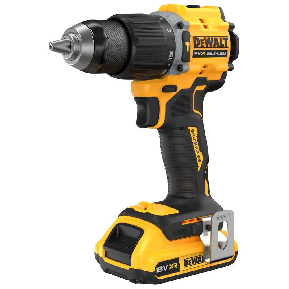 Pildil on näha DeWalt akulööktrell, millel on kinnitatud aku ja tööriistahoidik.