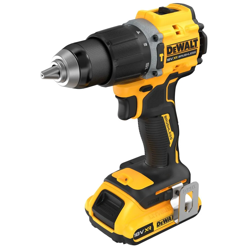 Pildil on kujutatud kollane ja musta värvi DeWalt akulööktrell koos akuga, mis näeb välja nagu tootepilt toote kohta.