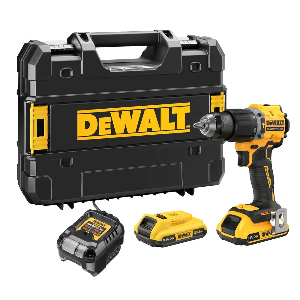 Pildil on DeWalt akulööktrell DCD799D2T kohvris koos laadija ja akudega.