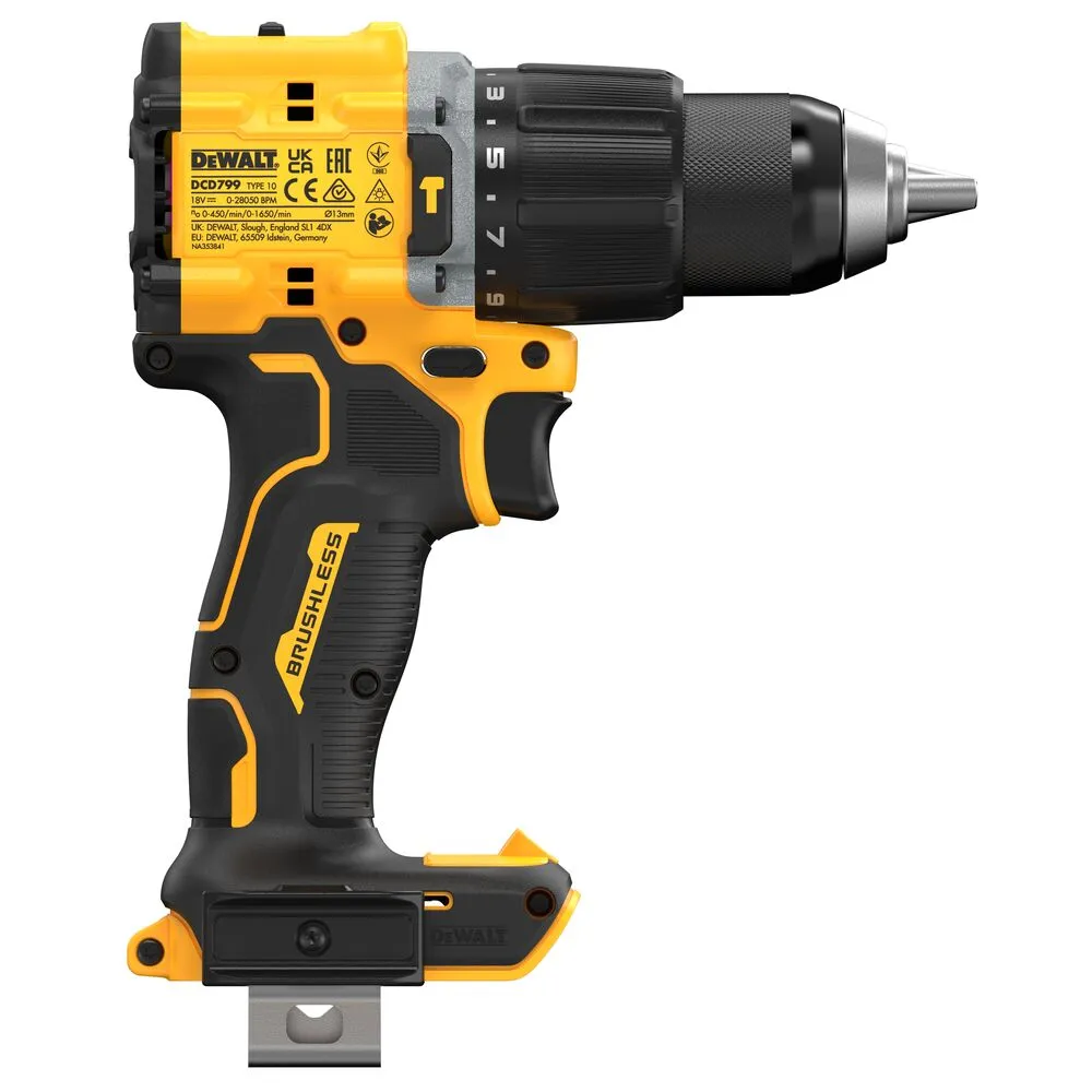 Pildil on näha Dewalt akulööktrell DCD799N, mis on kollast ja musta värvi.