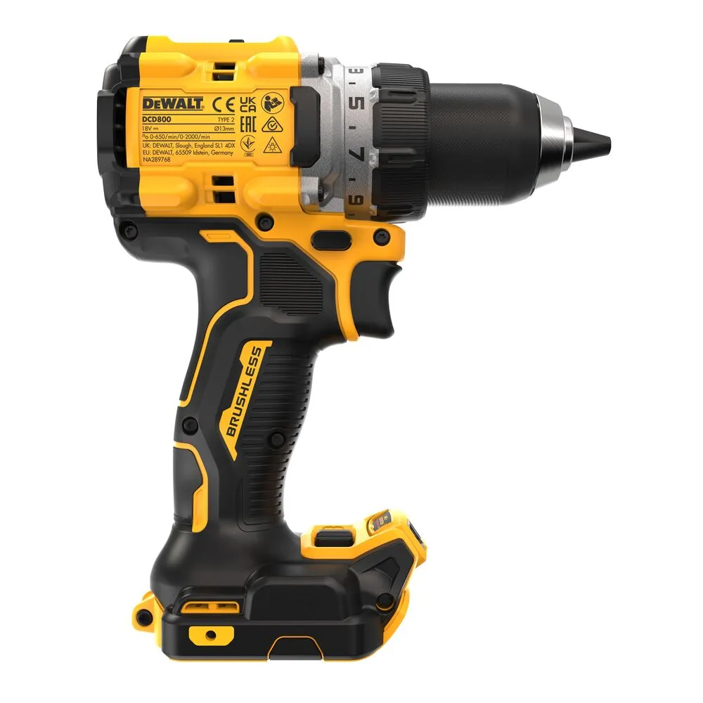 Pildil on näha DeWalt DCD800NT akutrell, millel on must ja kollane värvitoon ning millel on kirjas "BRUSHLESS".