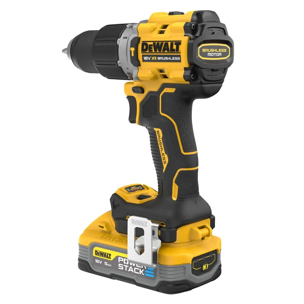 Pildil on näha kollane ja must DeWalt akulööktrell koos Power Stack akuga.