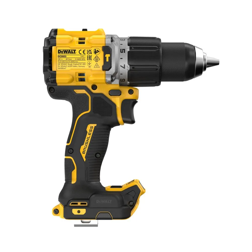 Pildil on Dewalt akulööktrell DCD805NT, millel on kollane ja must korpus ning metallist padrun.