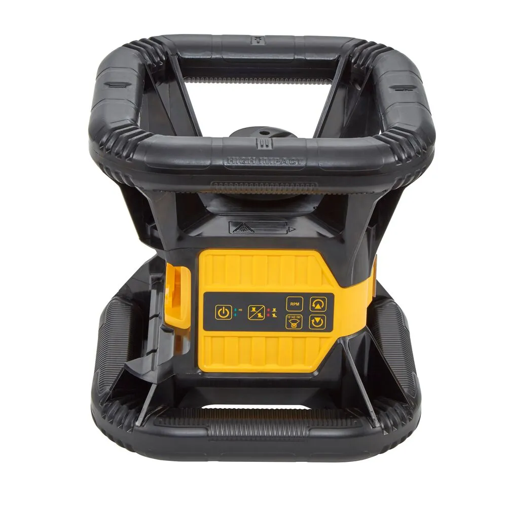 Pildil on näha kollase ja musta värvi DeWalt pöördlaser DCE074D1R, millel on vastupidav ümbris ja juhtpaneel.