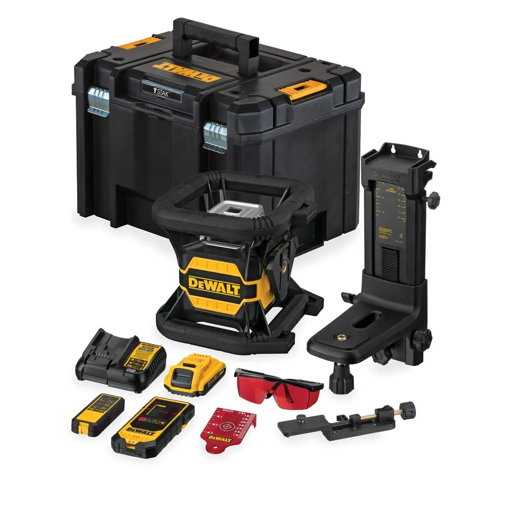 Pildil on näha DeWalt pöördlaser DCE080D1RS koos tarvikutega ja hoiukohvriga.