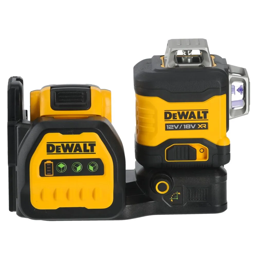 Pildil on näha DeWalt ristlaser DCE089D1G18, millel on kollane ja must korpus ning tööriista aku näidik.