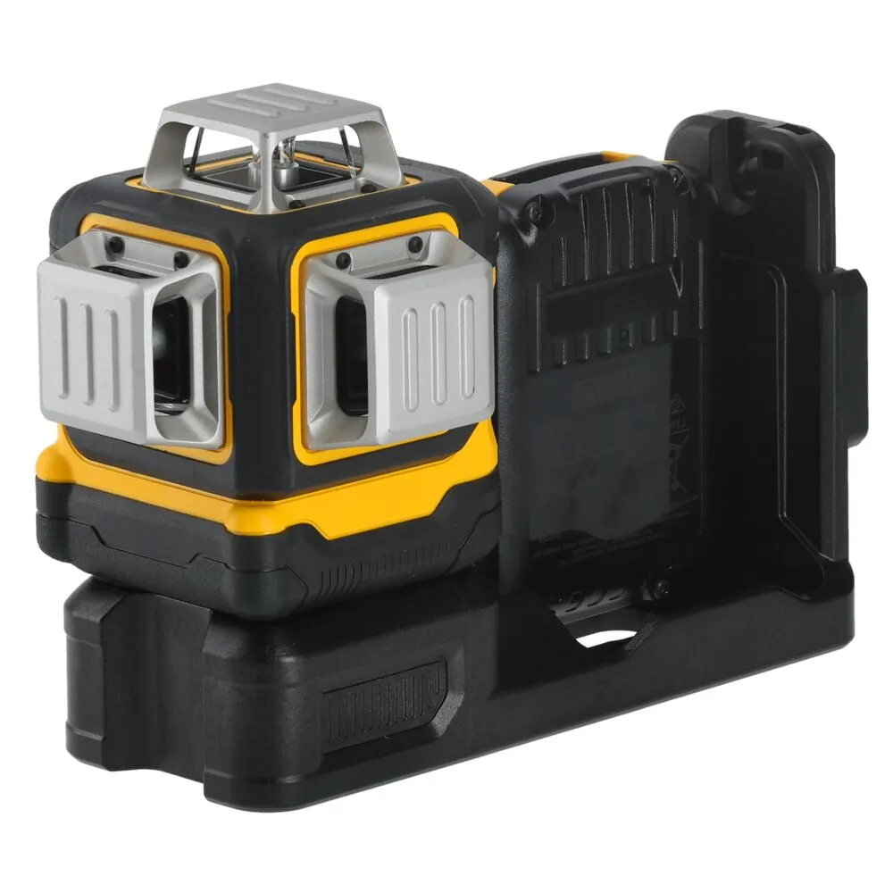 Pildil on näha DeWalt DCE089D1G18 ristlaser koos akuga ja kinnitusplatvormiga.