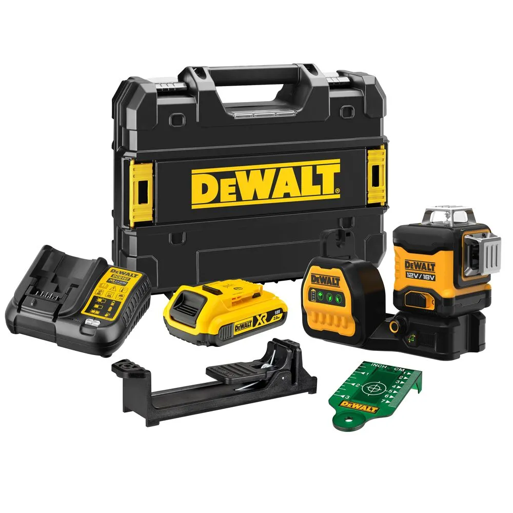 Pildil on näha DeWalt ristlaser DCE089D1G18, selle laadija, aku, magnetiline kinnitus ja sihtplaat.