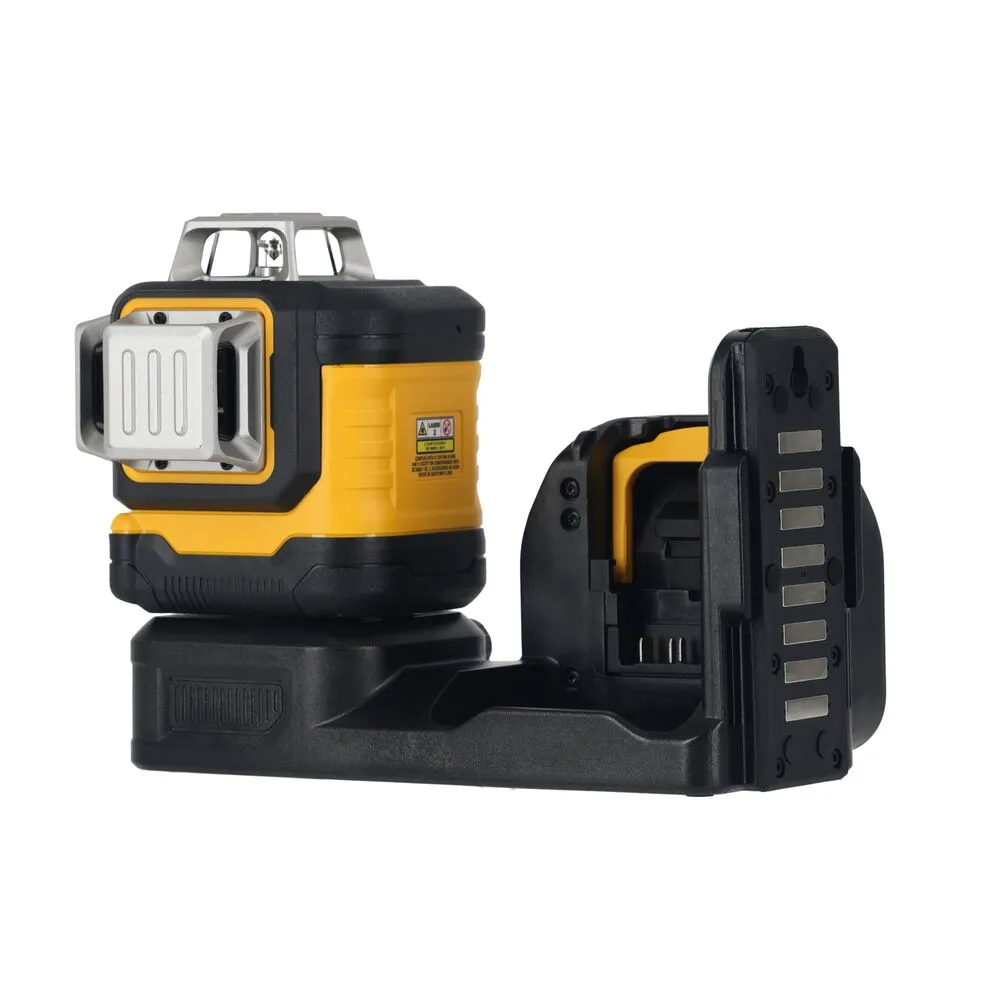 Pildil on DeWalt ristlaser DCE089NG18, mida hoitakse mustal alusel, mis sisaldab magneteid ja akuhoidjat.