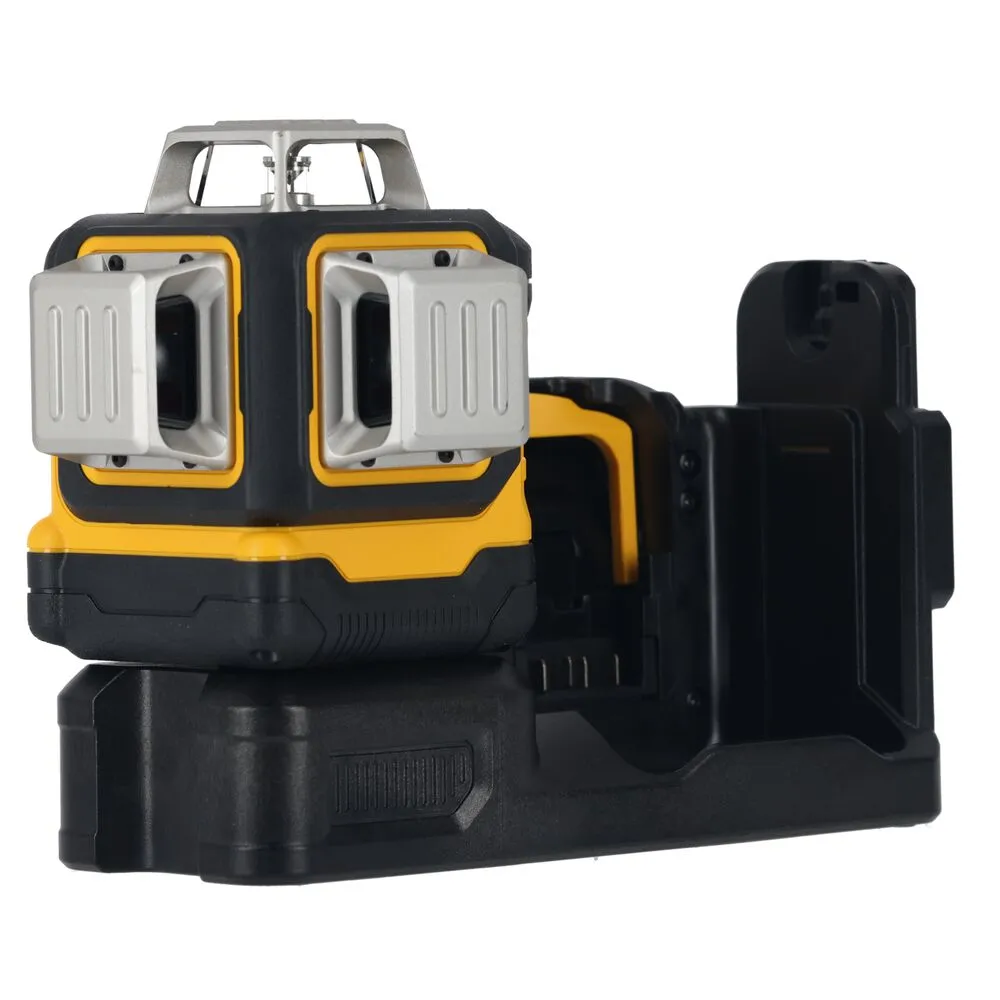 Pildil on näha DeWalt DCE089NG18 ristlaser koos aluse ja laadijahoidikuga.