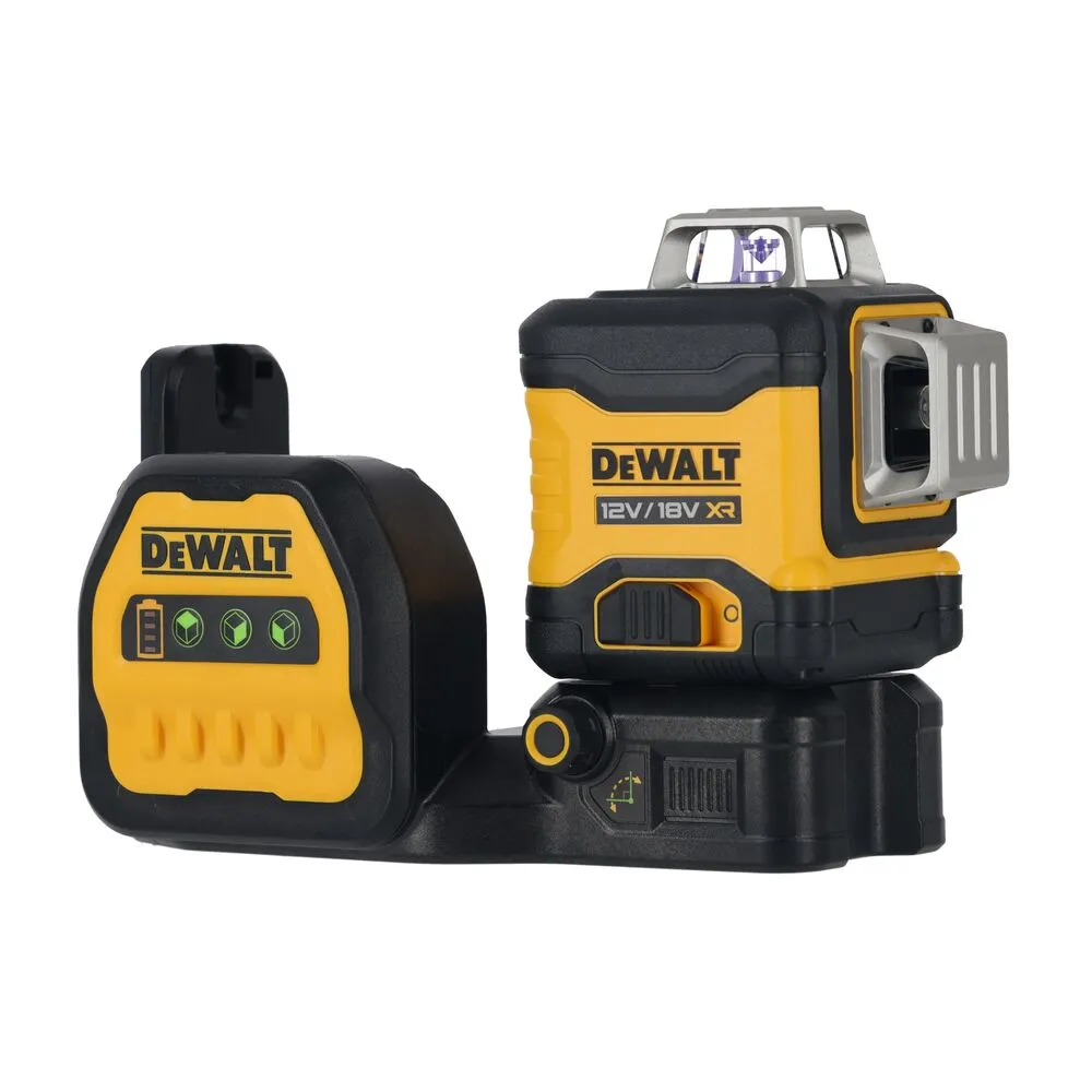 Pildil on DeWalt 089NG18 ristlaser, mis on ühendatud akukinnitusega.