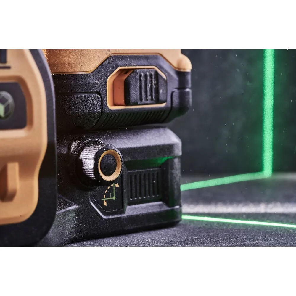 Pildil on näha DeWalt ristlaser DCE089NG18, millel on rohelised laserjooned ja mõned nupud.