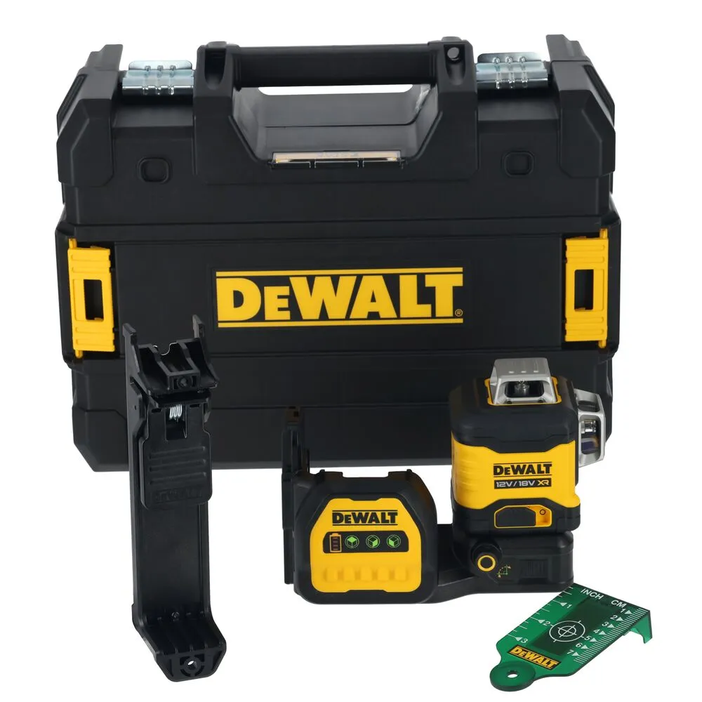 Pildil on näha DeWalt ristlaser DCE089NG18 koos hoiukohvriga, klambriga, mõõtealusega ja sihtmärklauaga.
