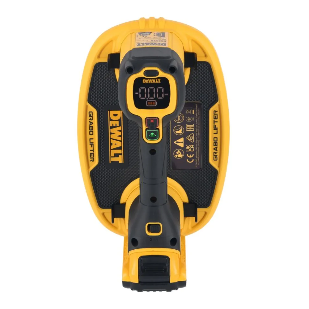 Pildil on näha DeWalt akutoitel iminapp GRABO DCE590D1T, millel on kollane korpus ja must käepide digitaalse ekraaniga.