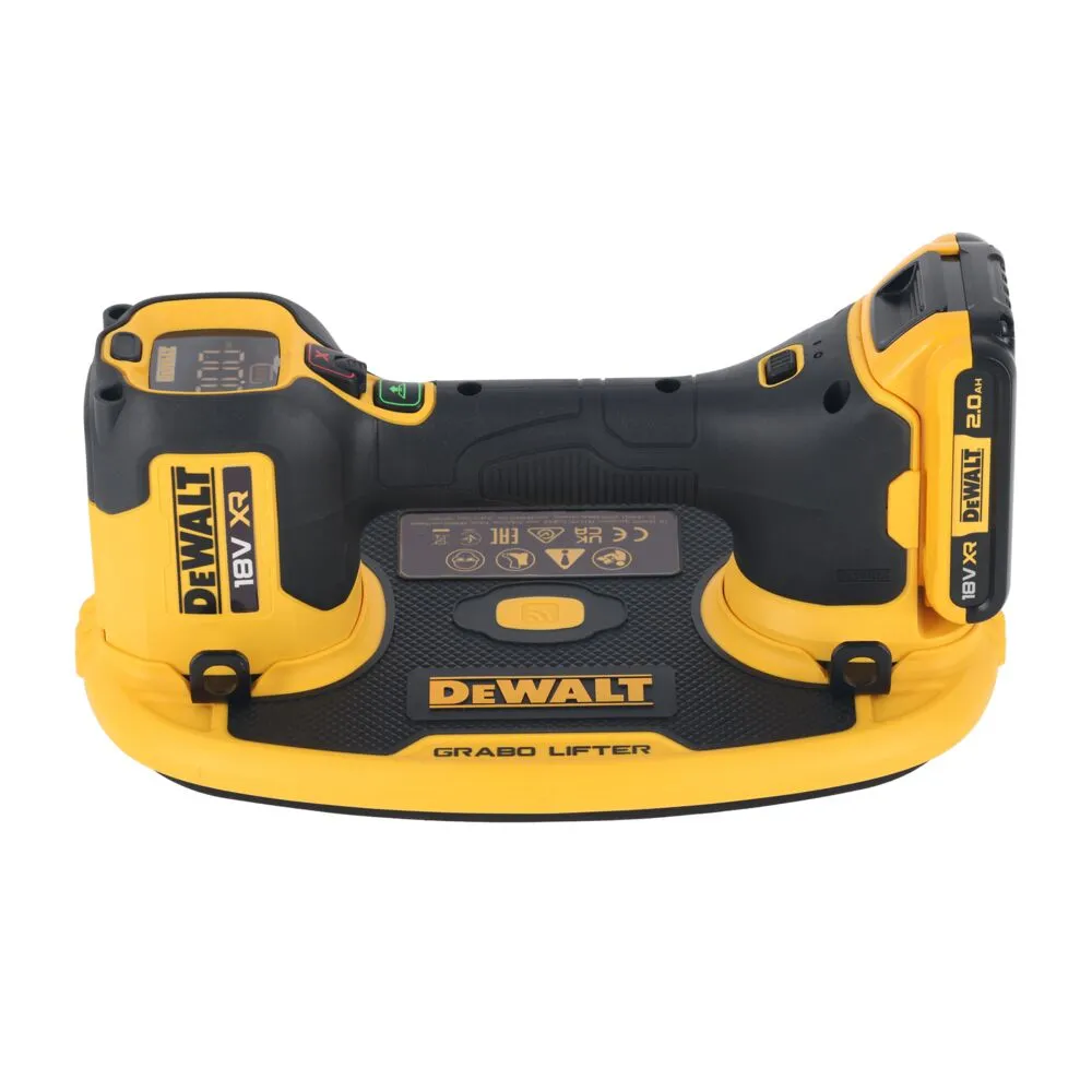 Pildil on näha DeWalt akutoitel iminapp GRABO DCE590D1T, millel on kollane ja must korpus ning digitaalne ekraan.