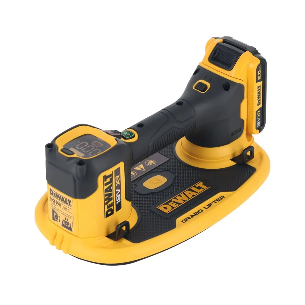Pildil on näha DeWalt akutoitel iminapp GRABO DCE590D1T, millel on kollane ja must korpus ning digitaalne ekraan.