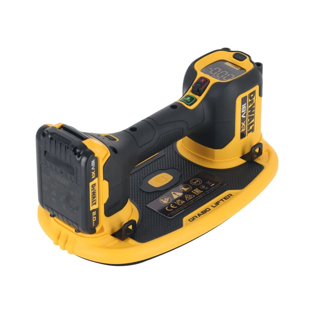 Pildil on DeWalt akutoitel iminapp GRABO, millel on aku ja digitaalne ekraan.