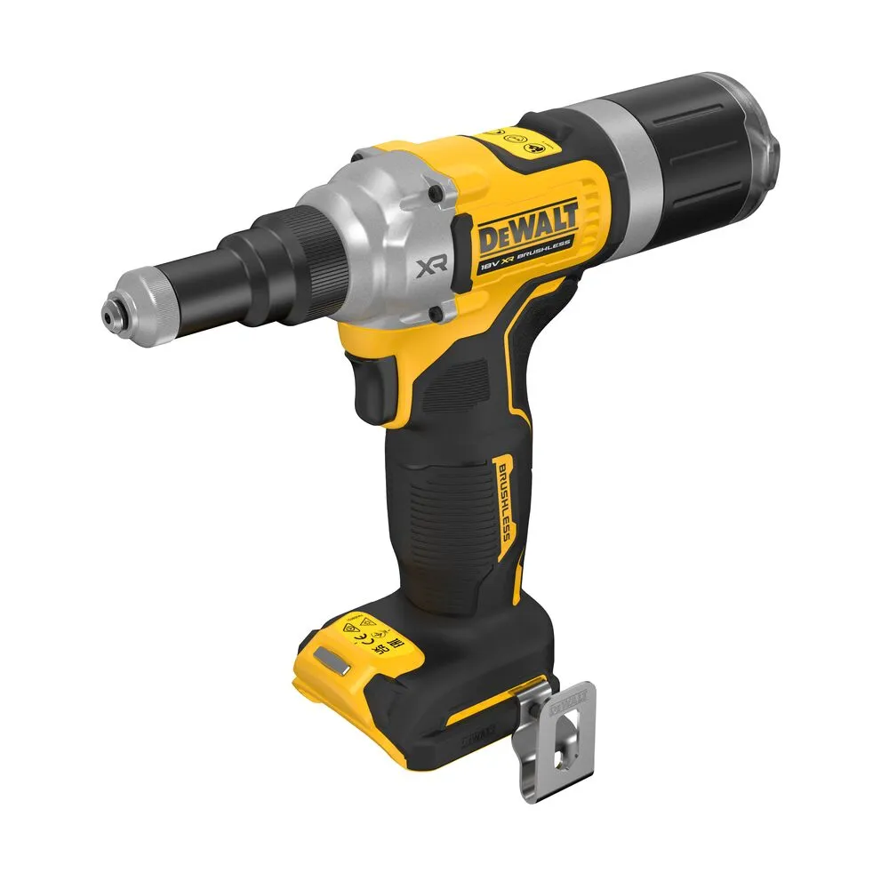 Pildil on näha kollane-must DeWalt akutoitel needipüstol, mis on tööriistakomplekti osa.