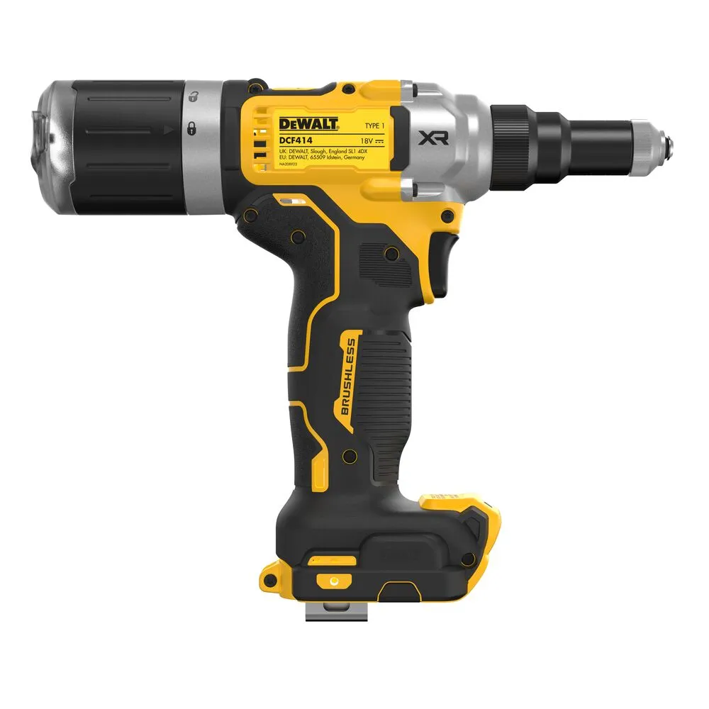 Pildil on näha DeWalt DCF414NT mudeli akutoitel needipüstol, mis on kollase ja musta värvi.