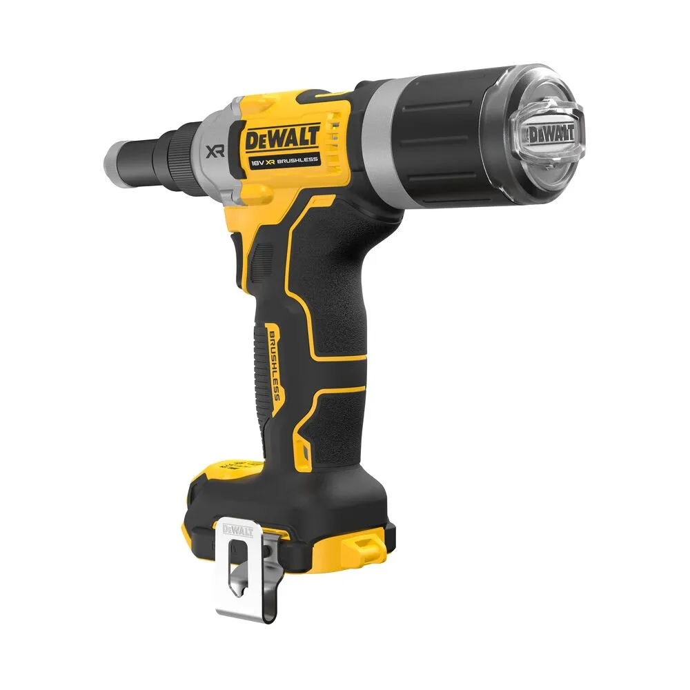 Pildil on kujutatud DeWalt akutoitel needipüstol DCF414NT, ilma aku ja laadijata, mis on erekollase ja musta värvi tööriist.
