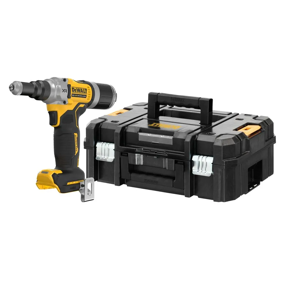 Pildil on DeWalt akutoitel needipüstol DCF414NT, mis on paigutatud musta hoiukasti kõrvale.