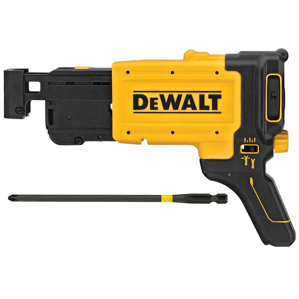 Pildil on näha kollane ja must Dewalt automaatkruvi, millel on ka kaasas kruvikeeraja otsik.