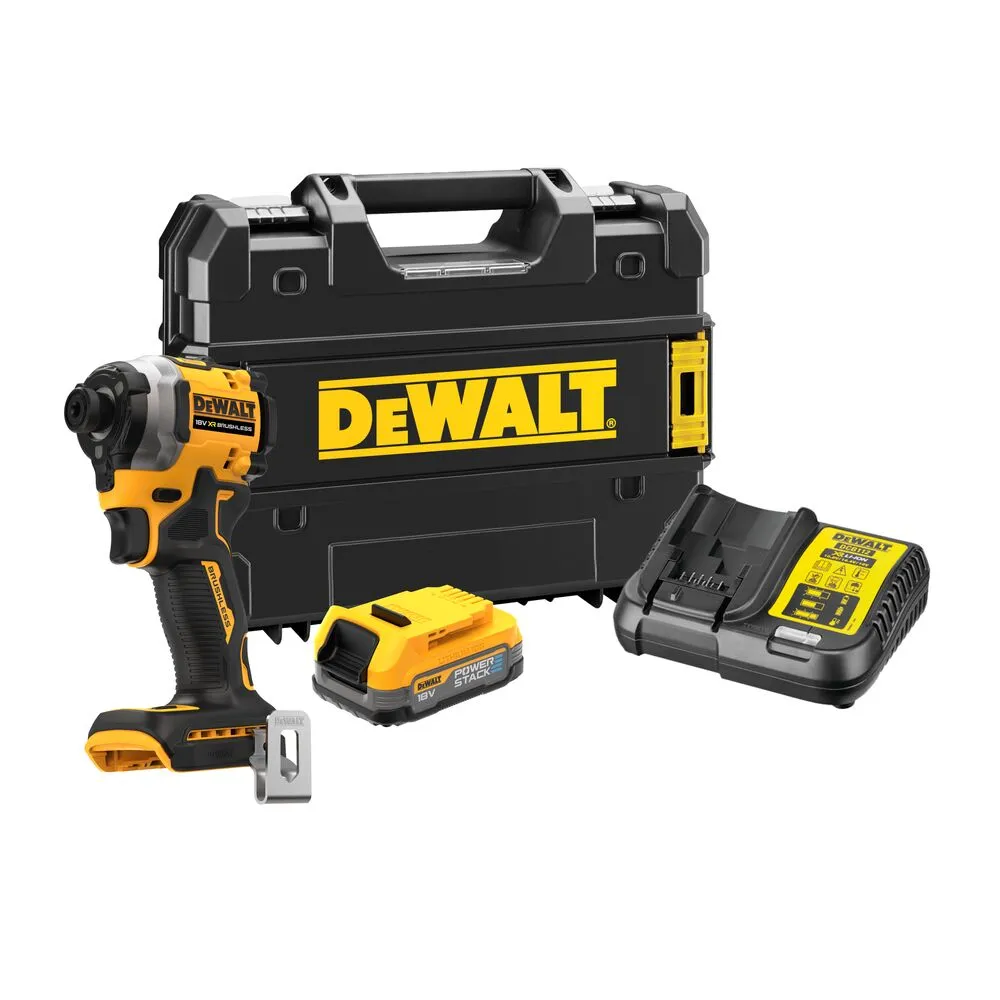 Pildil on näha DeWalt akulöökkruvikeeraja DCF850E1T koos laadija, aku ja hoiukarbiga.