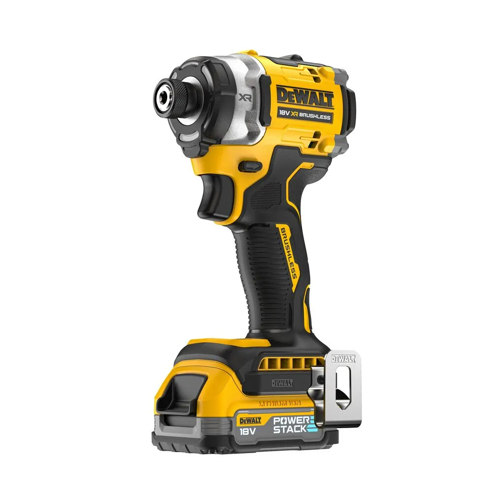 Pildil on kujutatud kollane-must Dewalt löökkruvikeeraja DCF860E2T, millel on akupakk.