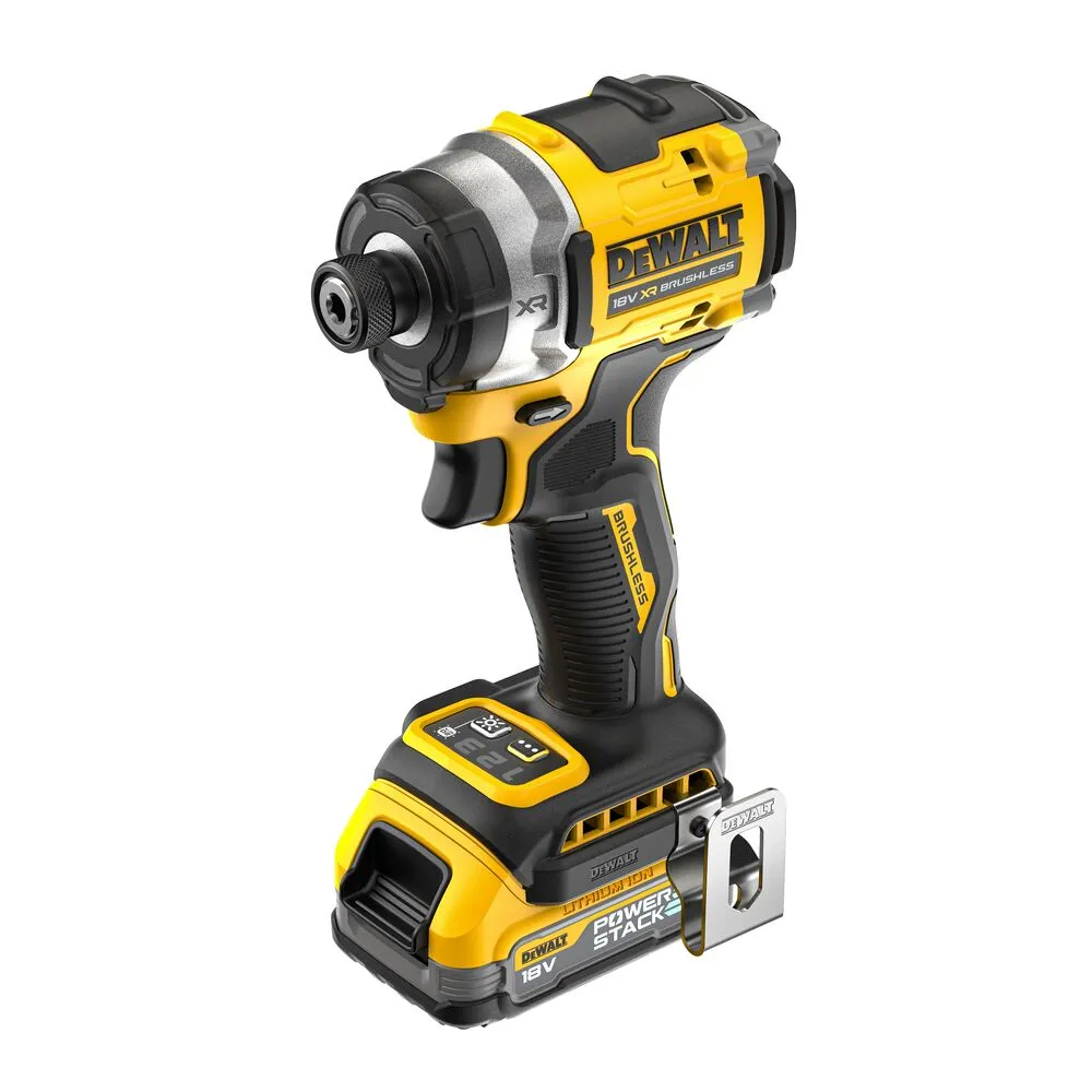 Pildil on kujutatud kollane-must Dewalt löökkruvikeeraja, millel on POWERSTACK aku.