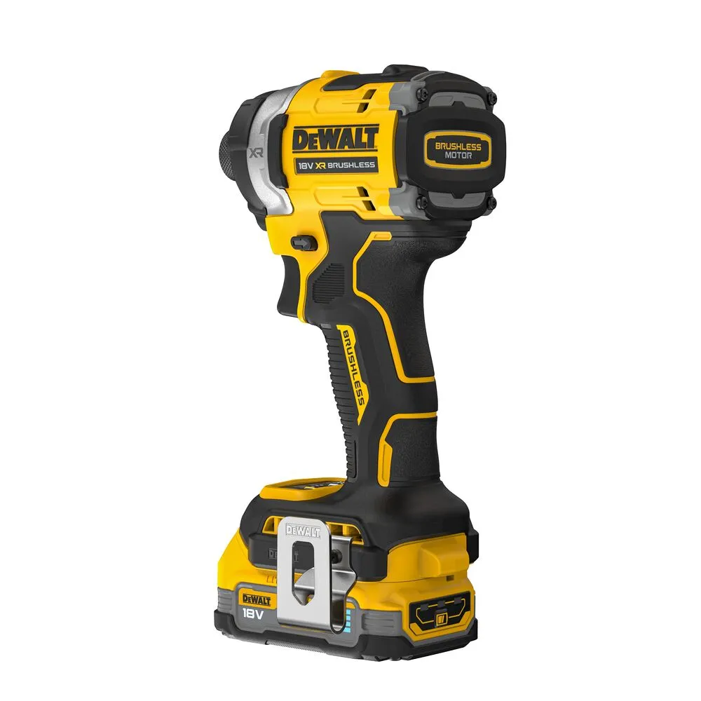 Pildil on näha kollast ja musta värvi Dewalt XR 18V harjadeta löökkruvikeeraja.