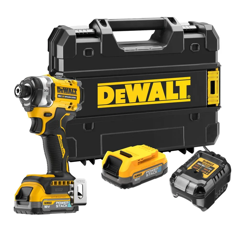 Pildil on Dewalt löökkruvikeeraja komplekt koos tarvikutega, sealhulgas hoiukarp ja laetavad akud.