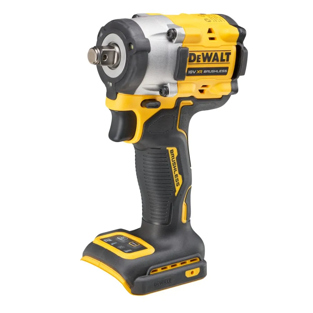 Pildil on näha kollase ja musta värvi DeWalt akulöökmutrikeeraja, millel on kaubamärgi logo ja mudelinumber.