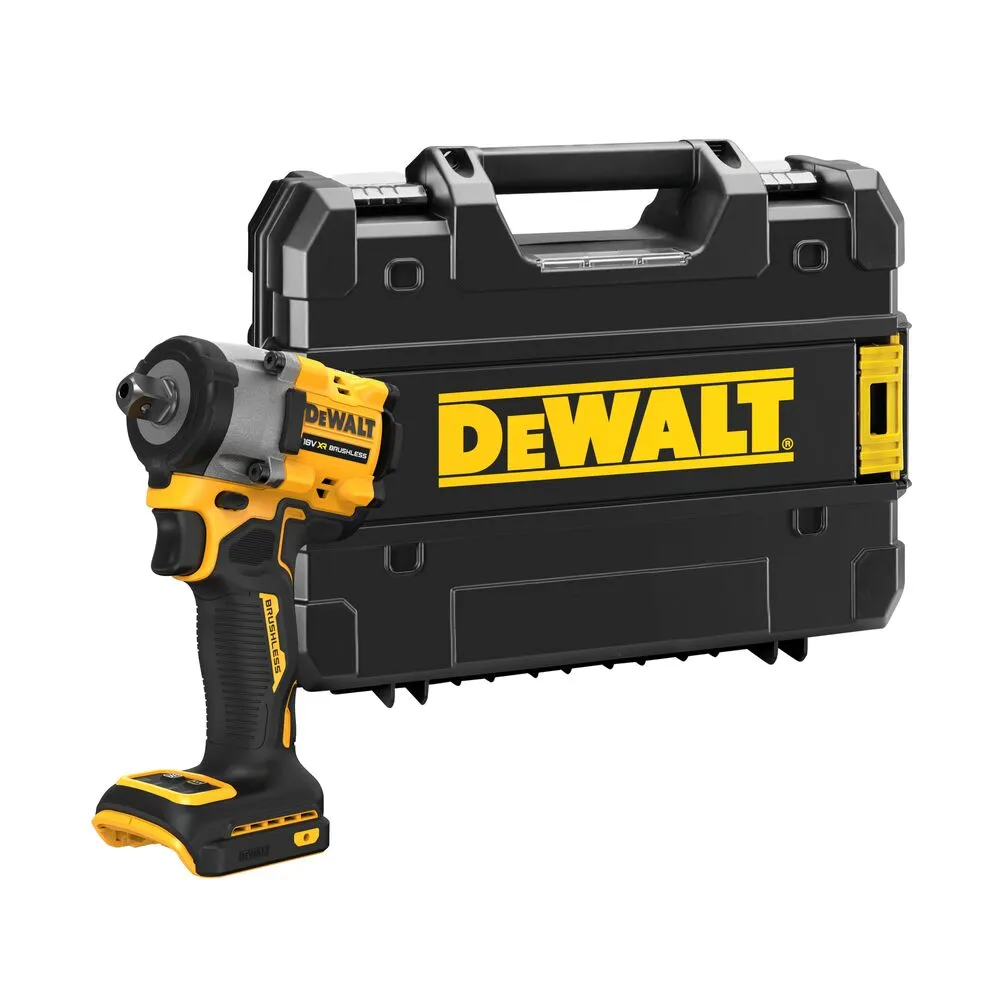 Pildil on näha DeWalt akulöökmutrikeeraja koos hoiukarbiga, millel on DeWalt logo.