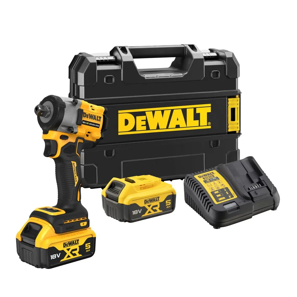 Pildil on näha DeWalt akulöökmutrikeeraja DCF922P2T koos kahe akuga, laadija ja hoiukarbiga.